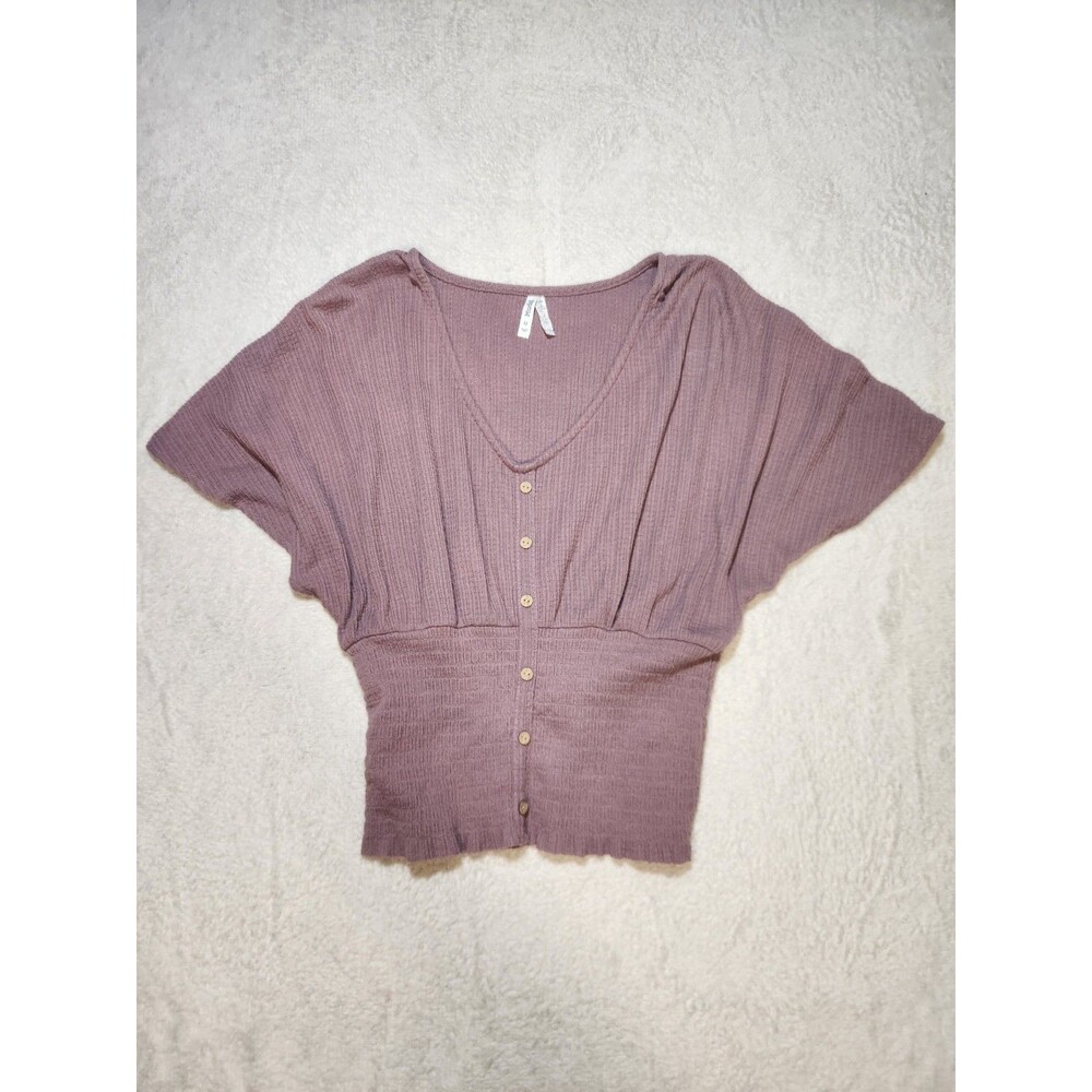 Mudd Women's M Batwing Top Ribbed Knit V-Neck Mock Button Purple